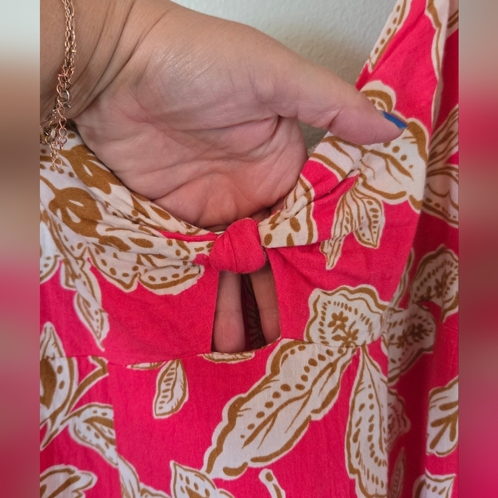 Every | Bright Pink With Brown Floral Print Linen Blend Maxi Dress Size Large - Picture 6 of 9